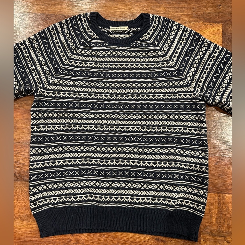 Marine Layer Knox Fair Isle Sweater Men's Medium Navy Crew Neck Re-Spun Knit